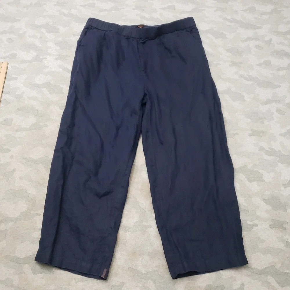 Quince Pants Womens XL Blue Elastic Waist 100% Linen Wide Leg